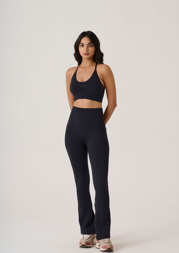 Ribbed Waist Flare Leggings - Slim Fit - Black