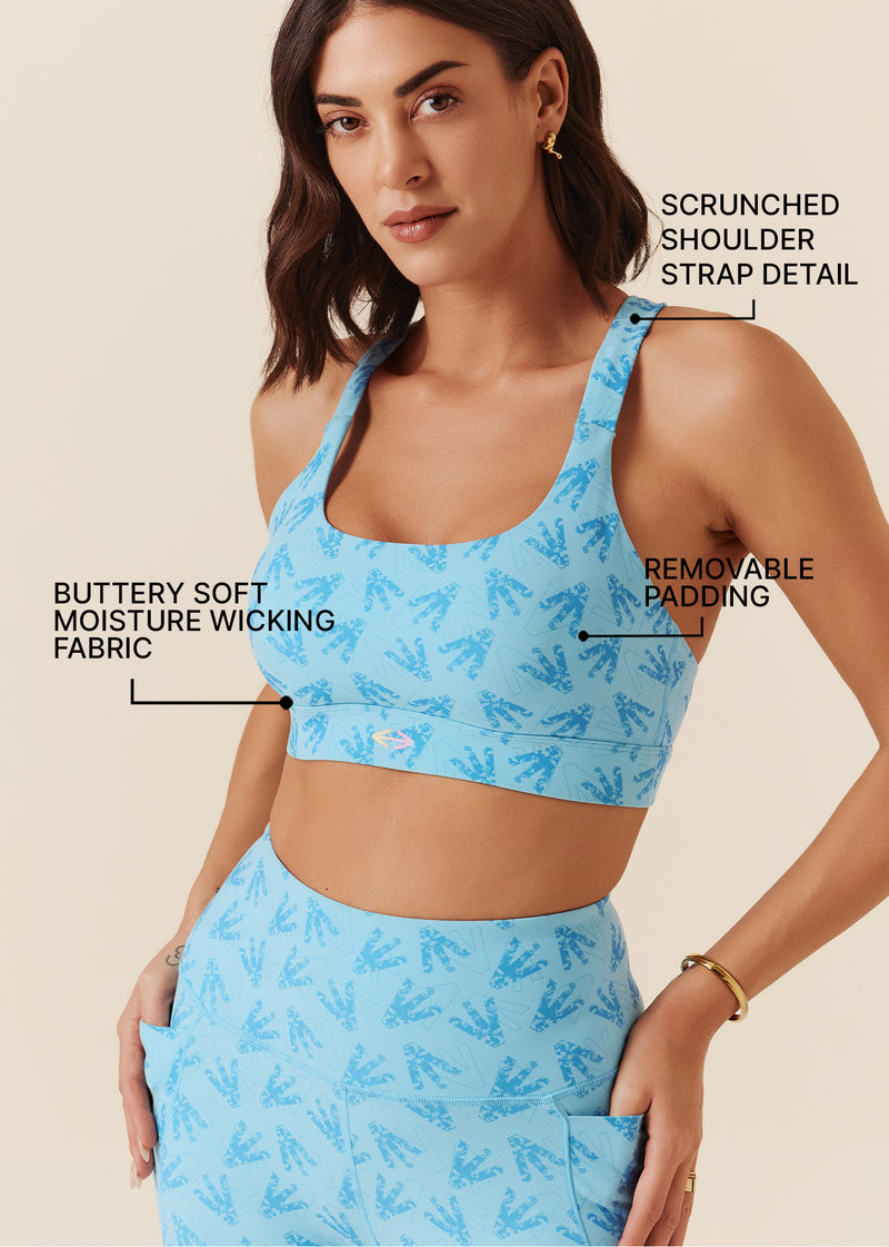 Low intensity Printed Ruched Strap Sports Bra - Milky Blue