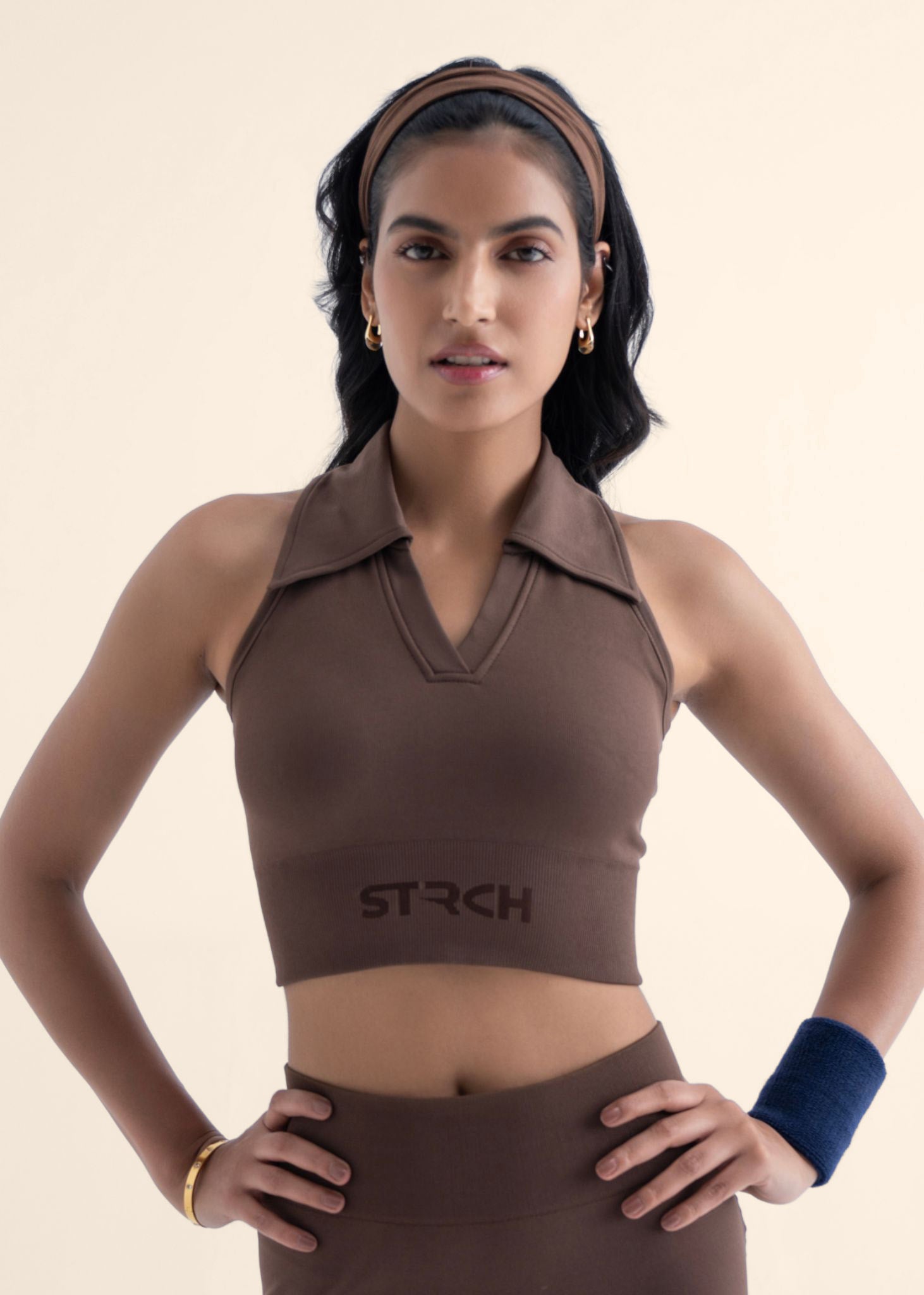 Seamless Polo Crop Tee - Mocha Brown
