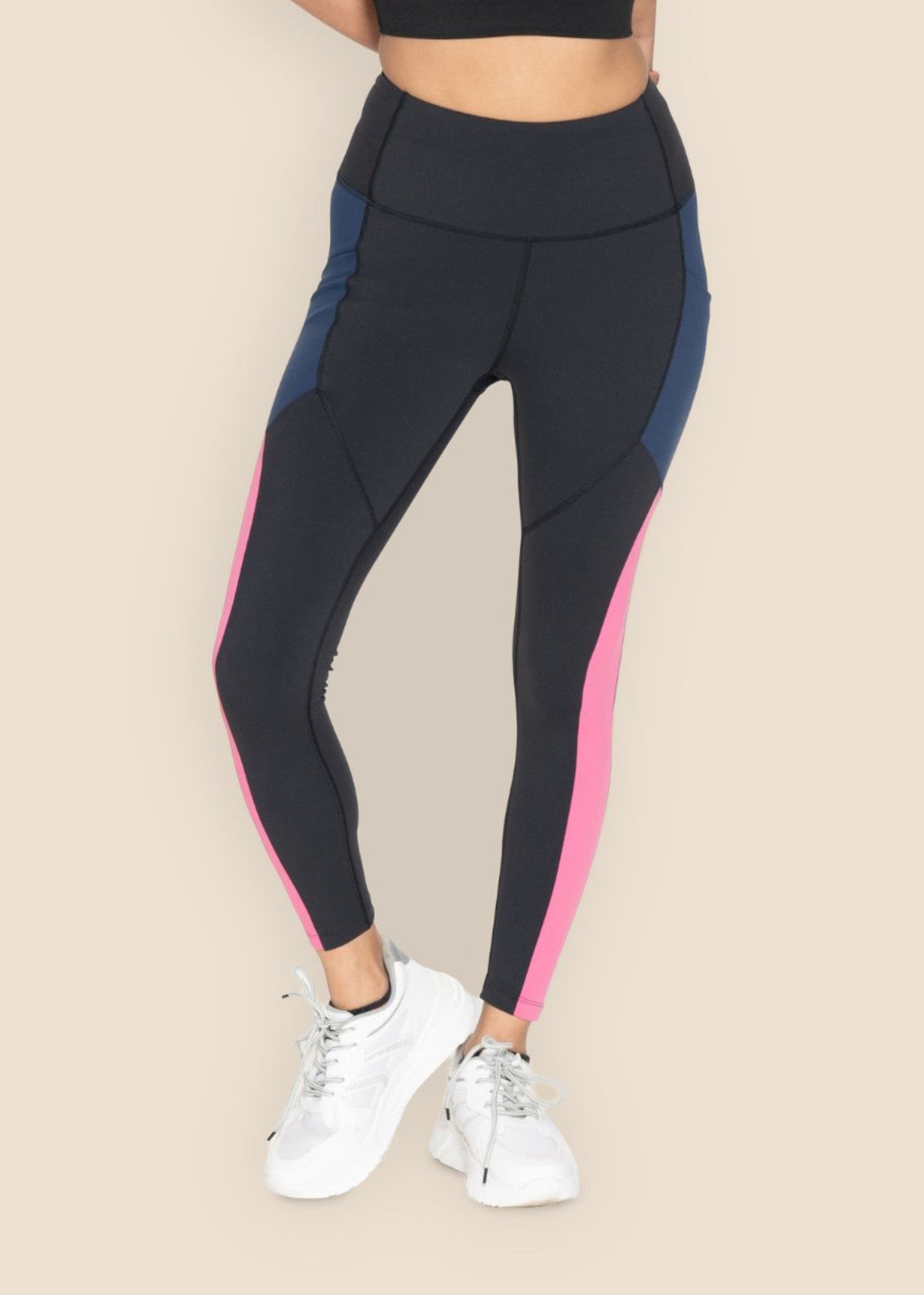 Colourblock No-Roll waist band Leggings - Black