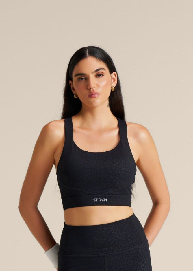 Leopard Embossed Sports Bra - Black