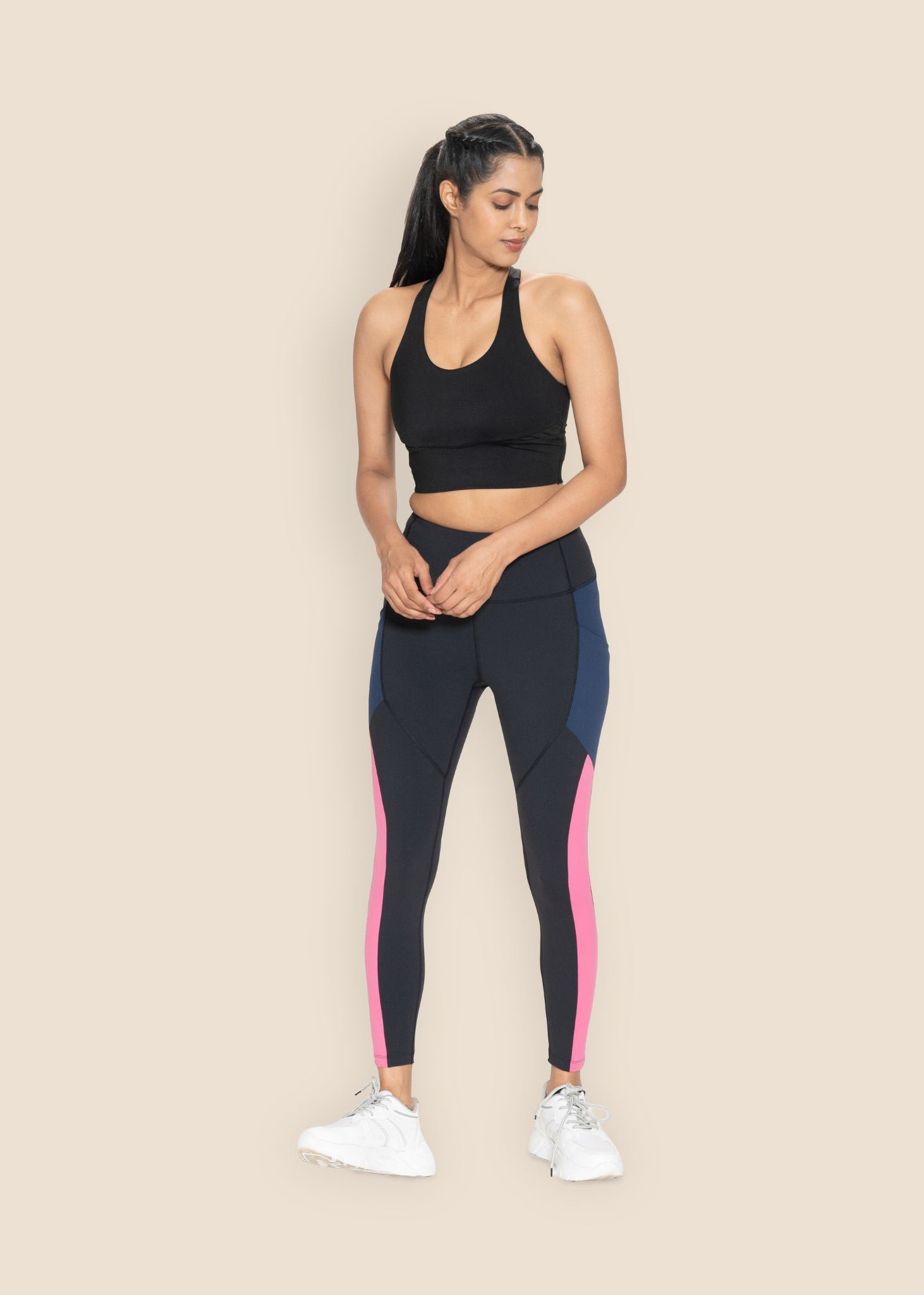 Colourblock No-Roll waist band Leggings - Black