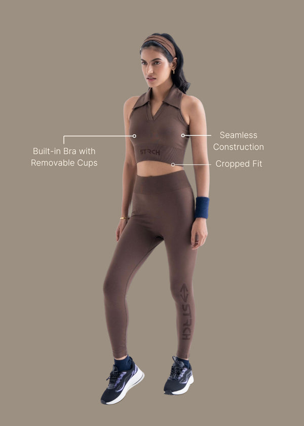 Seamless Polo Crop Tee - Mocha Brown - 3