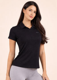 Women Sporty Textured Polo Top - Black - 1