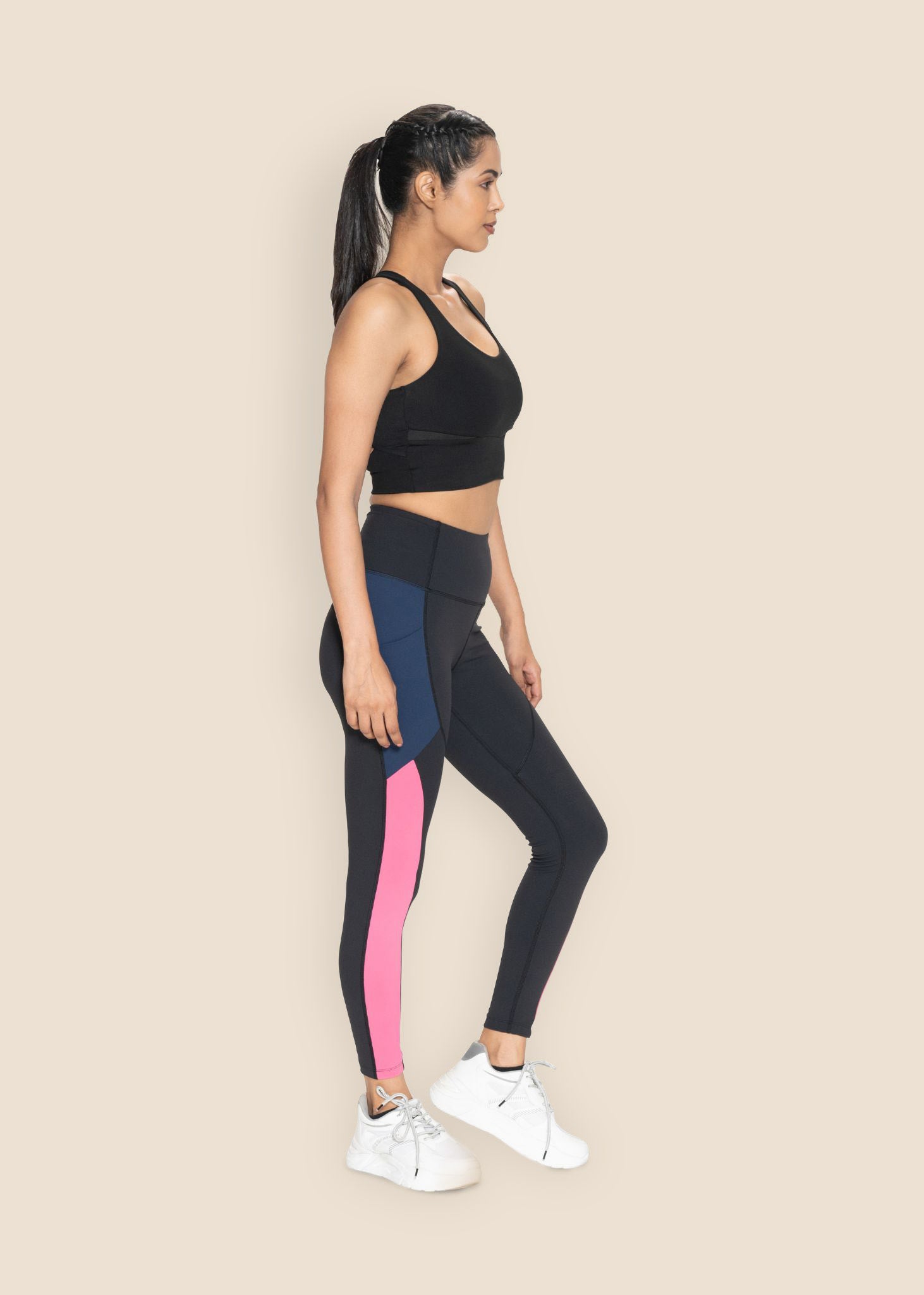 Colourblock No-Roll waist band Leggings - Black