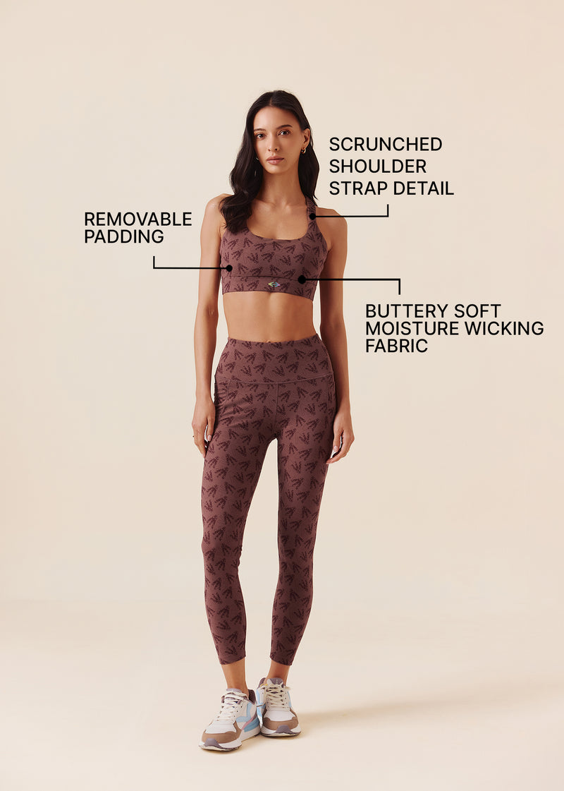 Low intensity Printed Ruched Strap Sports Bra - Raisin Brown