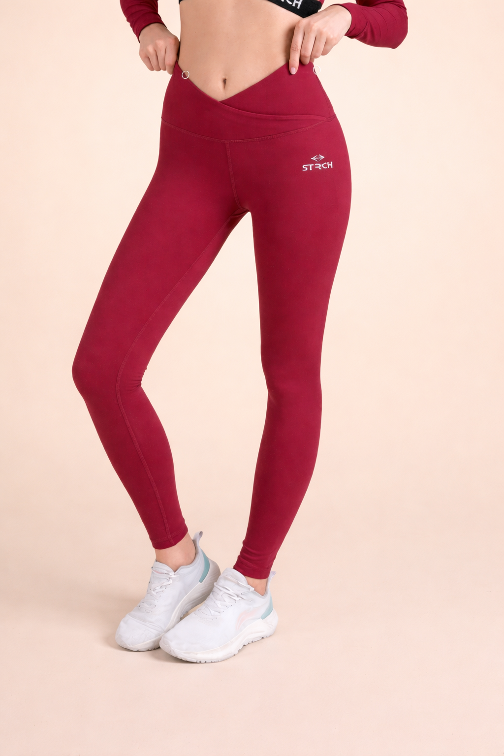 Criss-cross wasitband Leggings - Maroon - 1