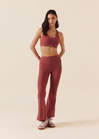 Women Pocket Flare Leggings - Marsala Red - 2