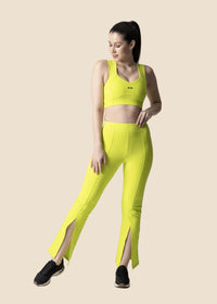 Women Ribbed Flare Pants - Neon Green - 3