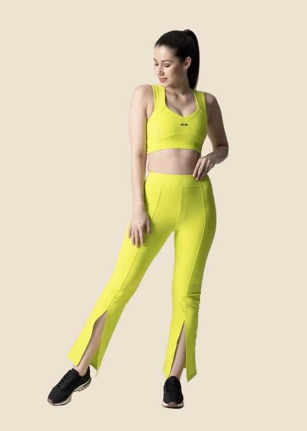 Women Ribbed Flare Pants - Neon Green - 3
