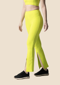 Women Ribbed Flare Pants - Neon Green - 1