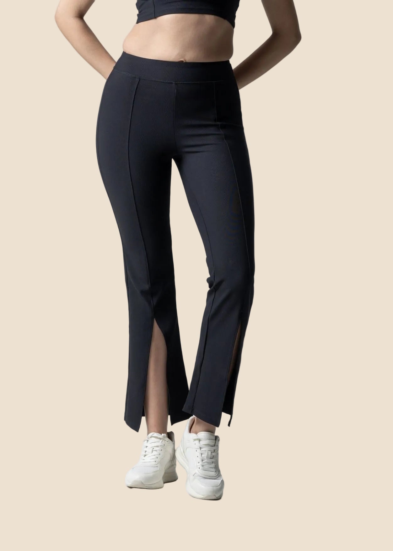 Women Ribbed Flare Pants - Black - 1