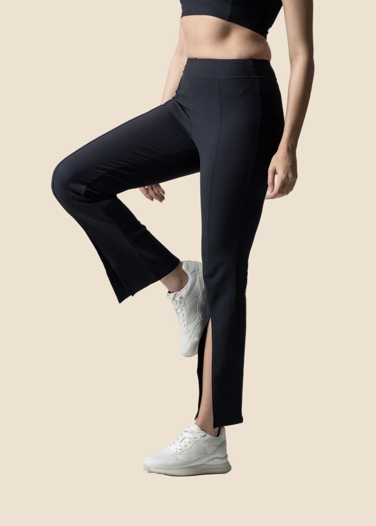 Women Ribbed Flare Pants - Black - 4