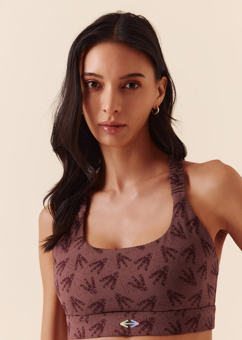 Low intensity Printed Ruched Strap Sports Bra - Raisin Brown