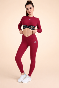 Criss-cross wasitband Leggings - Maroon - 2
