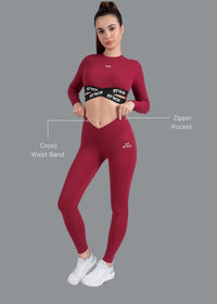 Criss-cross wasitband Leggings - Maroon - 3
