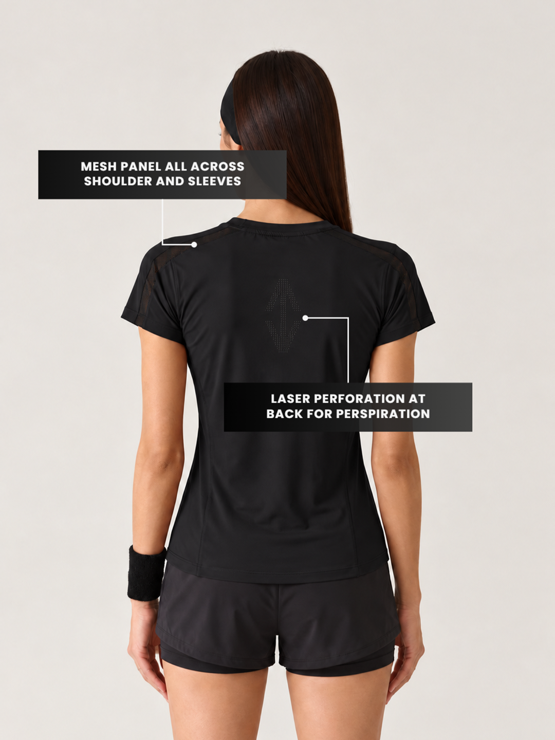 Women Mesh-Panel Ventilated Tee - Regular Fit - Black