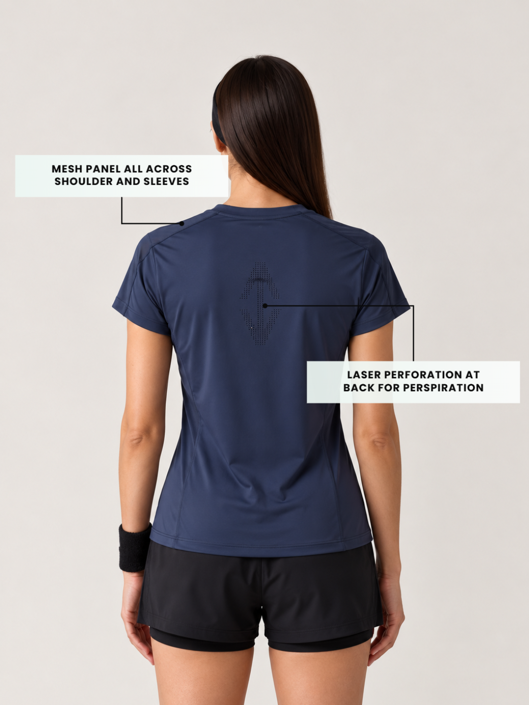 Women Mesh-Panel Ventilated Tee - Regular Fit - Navy Blue