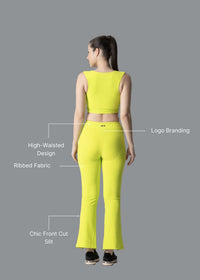 Women Ribbed Flare Pants - Neon Green - 2
