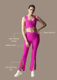 Women Ribbed Flare Pants - Shocking Pink - 3