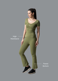Women High Waist Bootcut Workout Leggings - Olive - 3