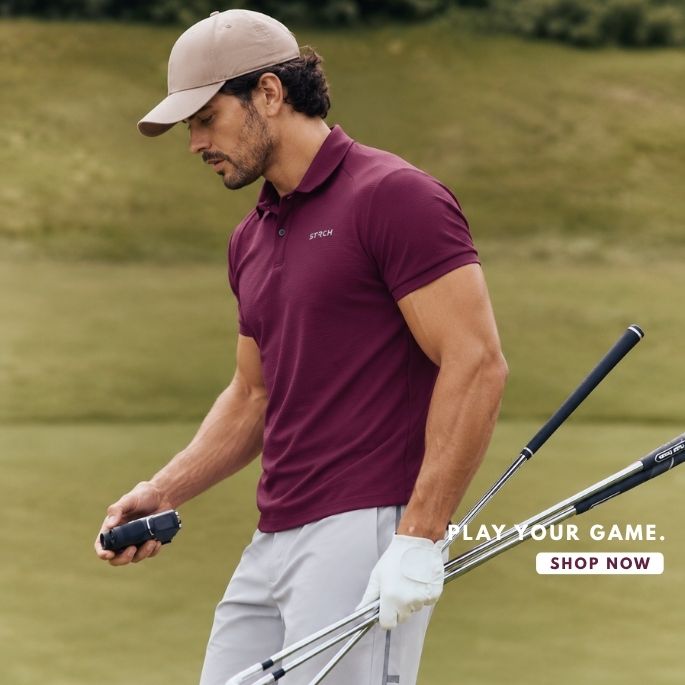 Man in a maroon polo on a golf course - Play your game.