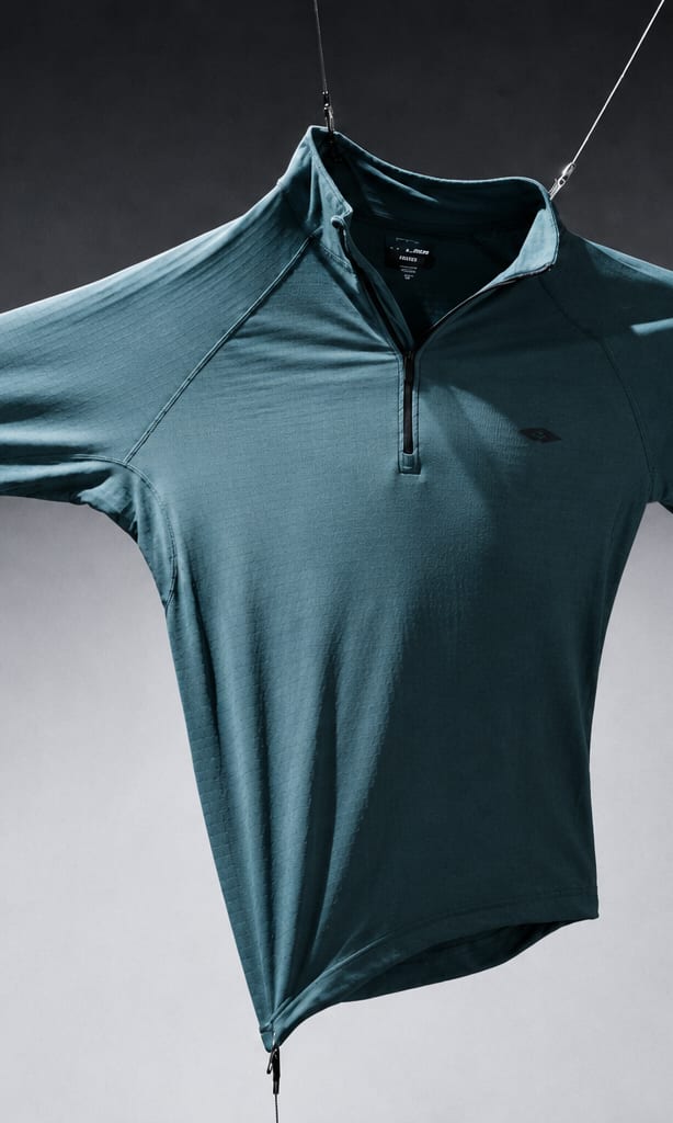 Teal STRCH quarter-zip suspended on wires
